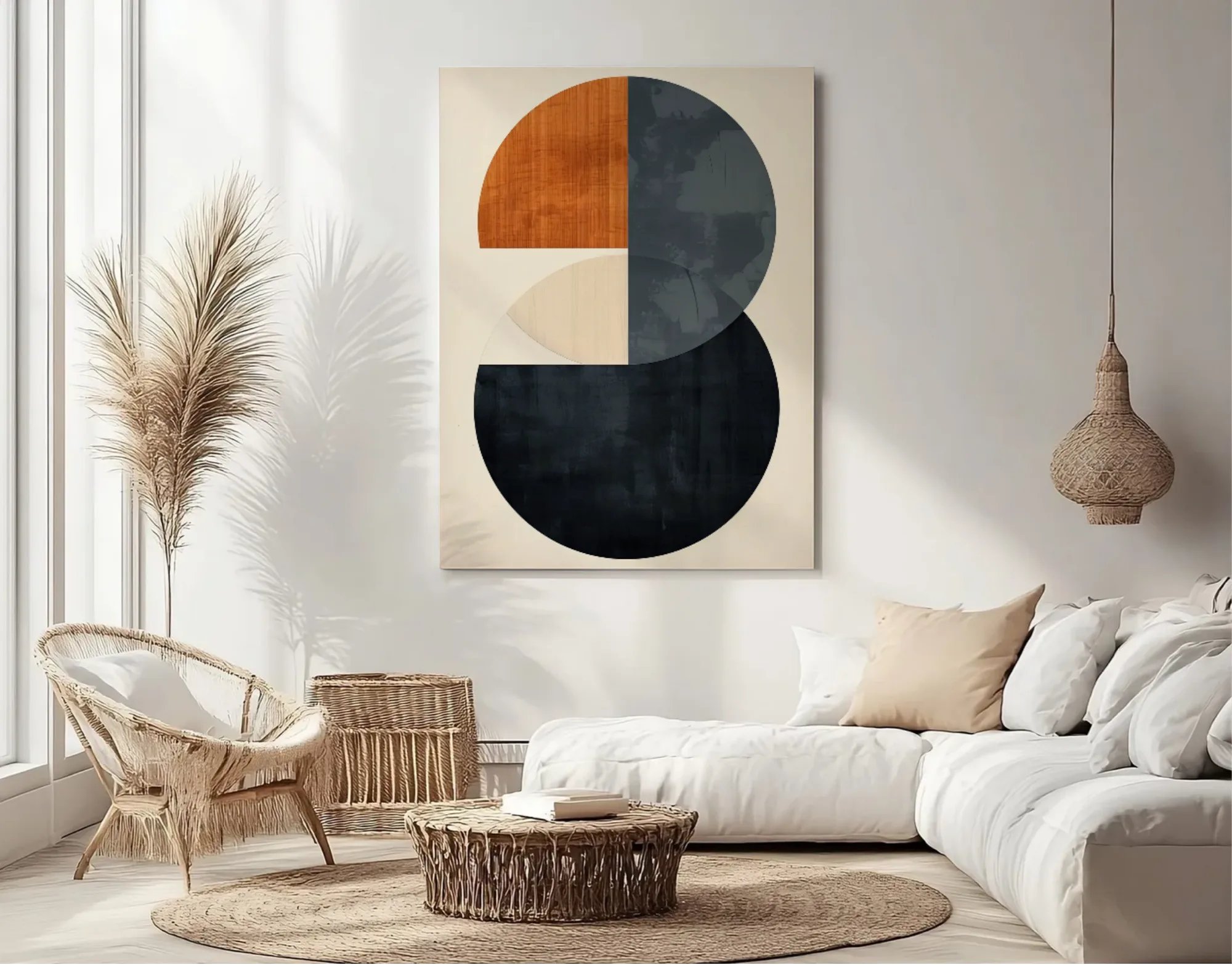 Canvas schilderij aan de muur in een woonkamer met een witte hoekbank