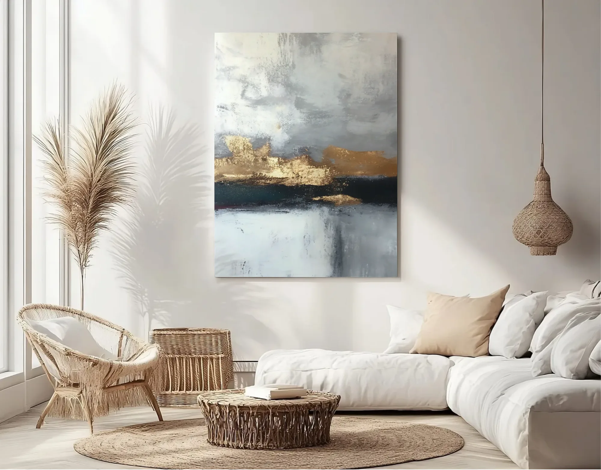 Canvas schilderij aan de muur in een woonkamer met een witte hoekbank