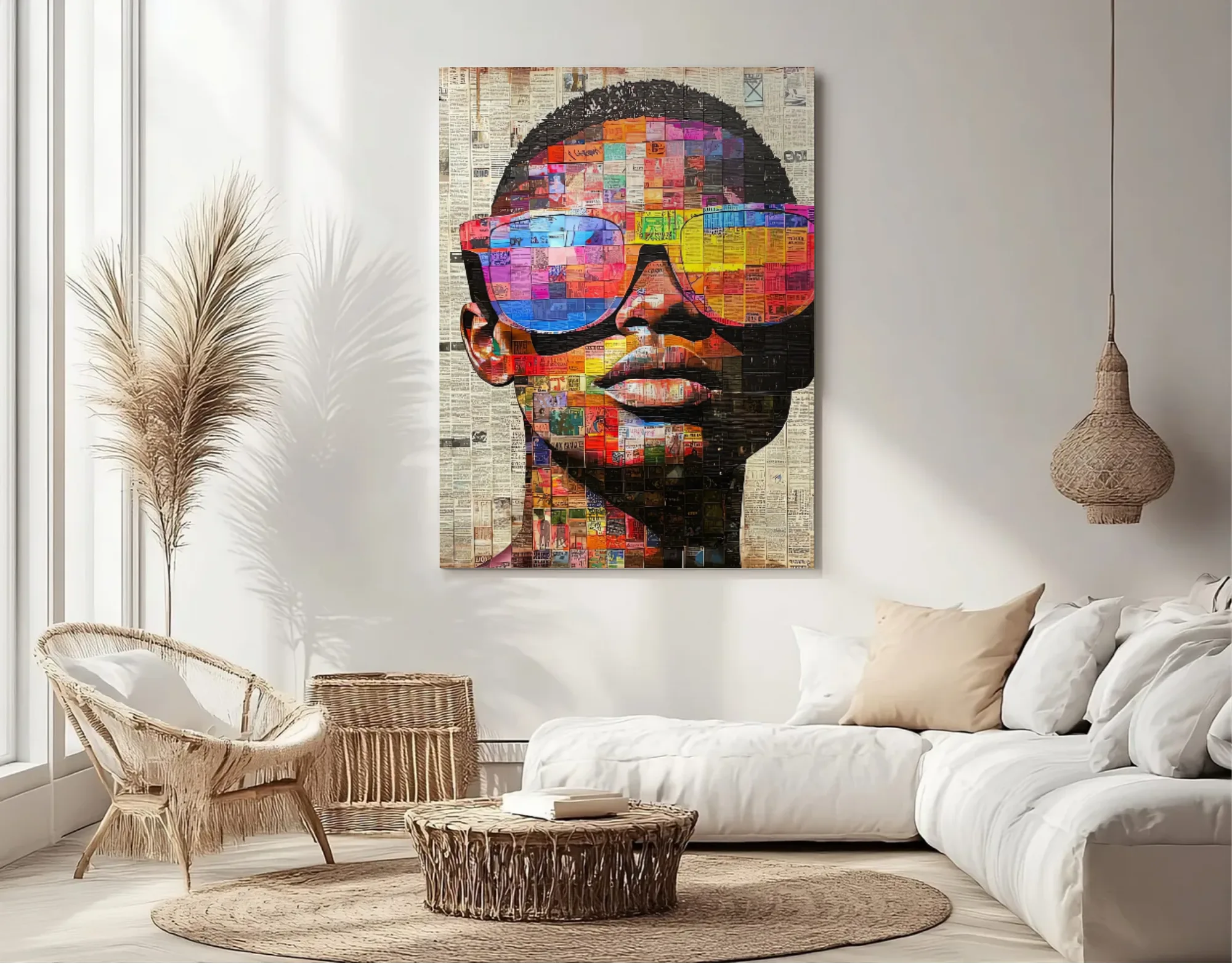 Canvas schilderij aan de muur in een woonkamer met een witte hoekbank
