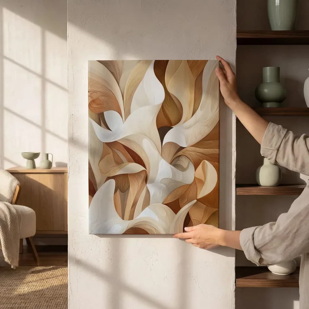 Canvas schilderij met organische vormen in beige wordt opgehangen in een lichte kamer