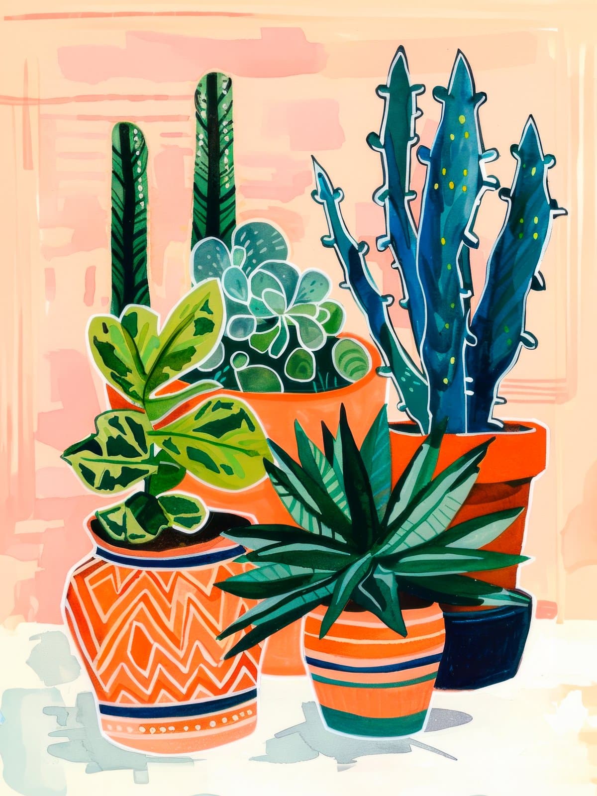 Stilleven met cactussen en vetplanten in terracotta potten