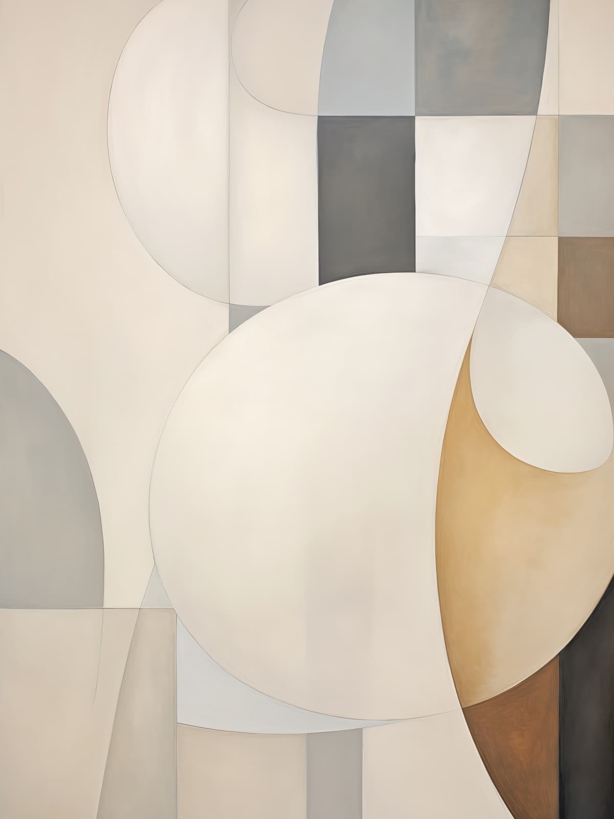 Abstracte compositie met grote ellipsvormen in crème, zand en goud.