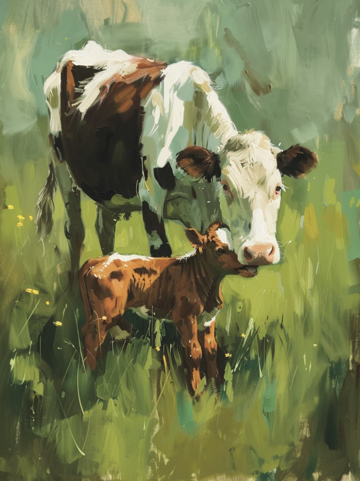 Schilderij van een koe met kalf in een weiland