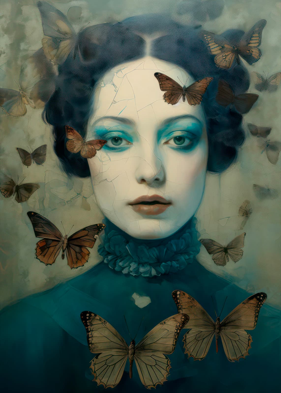 Vrouw met gebarsten gezicht en vlinders schilderij, surrealistisch portret op canvas